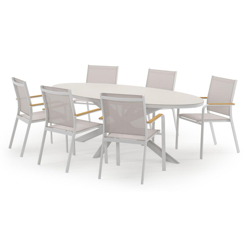 Pamplona ovale tuinset in wit aluminium en sintered stone crema minerale met 6 Amalfi tuinstoelen