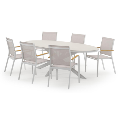 Pamplona ovale tuinset in wit aluminium en sintered stone crema minerale met 6 Amalfi tuinstoelen