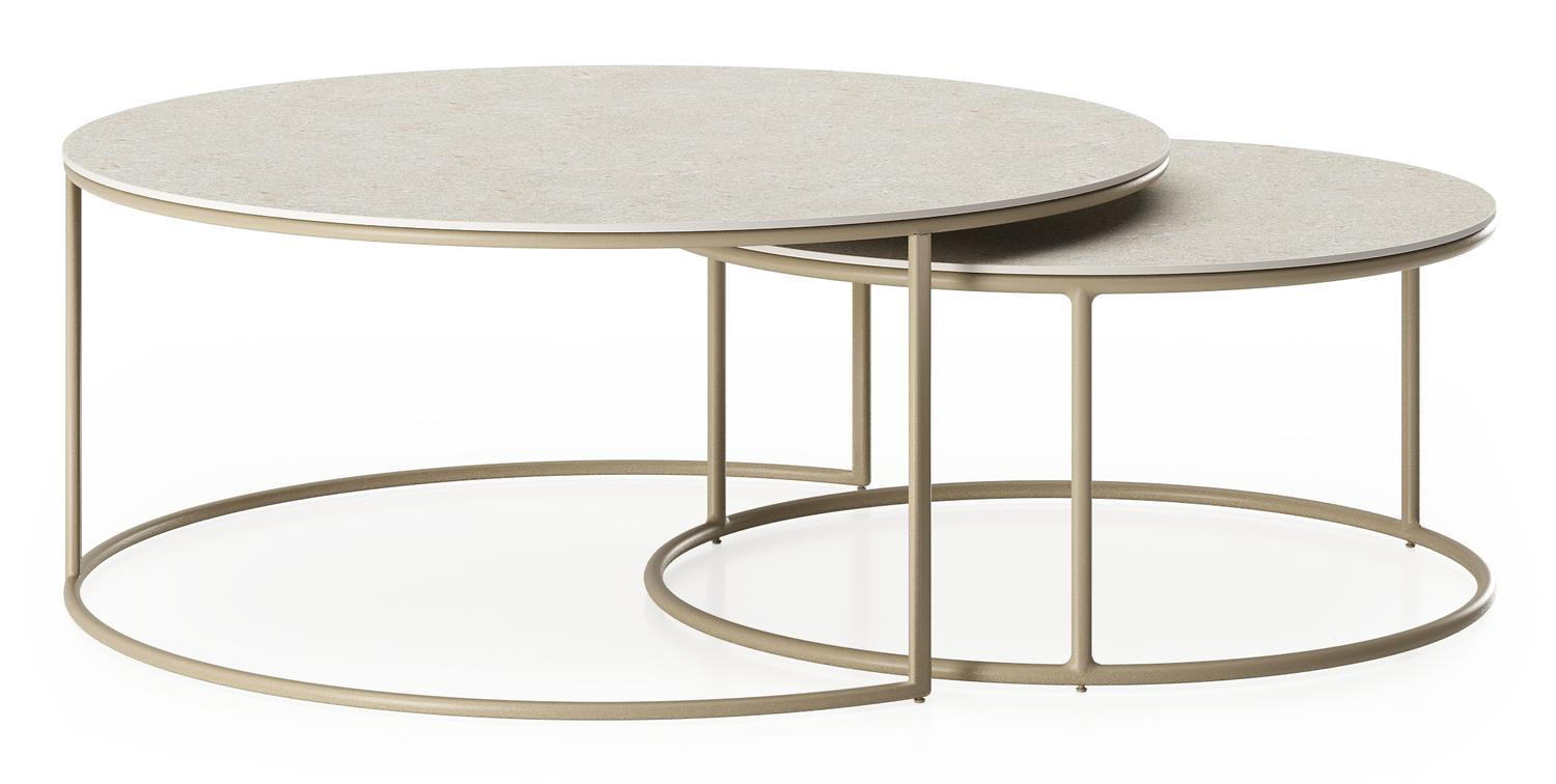Ensemble de 2 tables d'appoint Fano ronde en aluminium beige et céramique pleine Shilin - Diam. 85 x Haut. 35 cm