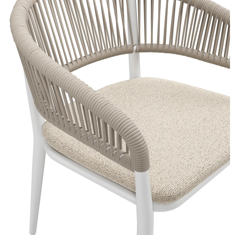Tolfa stapelbare tuinstoel in wit aluminium en beige verticaal geweven ronde rope met stoelkussen in All Weather Cosytica Marbella Beige