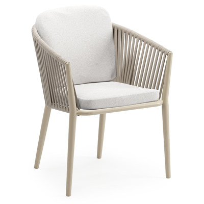 Chaise de jardin Orso en aluminium beige et corde plate tissée verticalement beige avec coussin luxe en All Weather Solica Soul Optik
