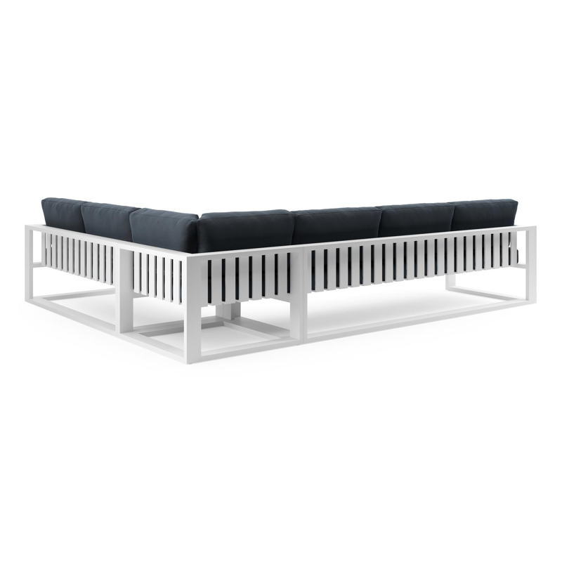 Verato loungehoek in wit aluminium met heritage indigo all weather sunbrella® luxe kussen