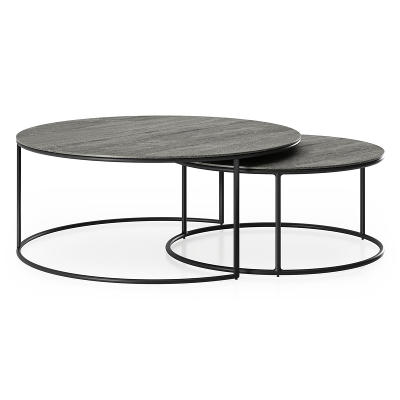 Fano loungetafels in zwart aluminium en aspen grey volkeramiek - Dia. 85/65 X H 35/30 cm