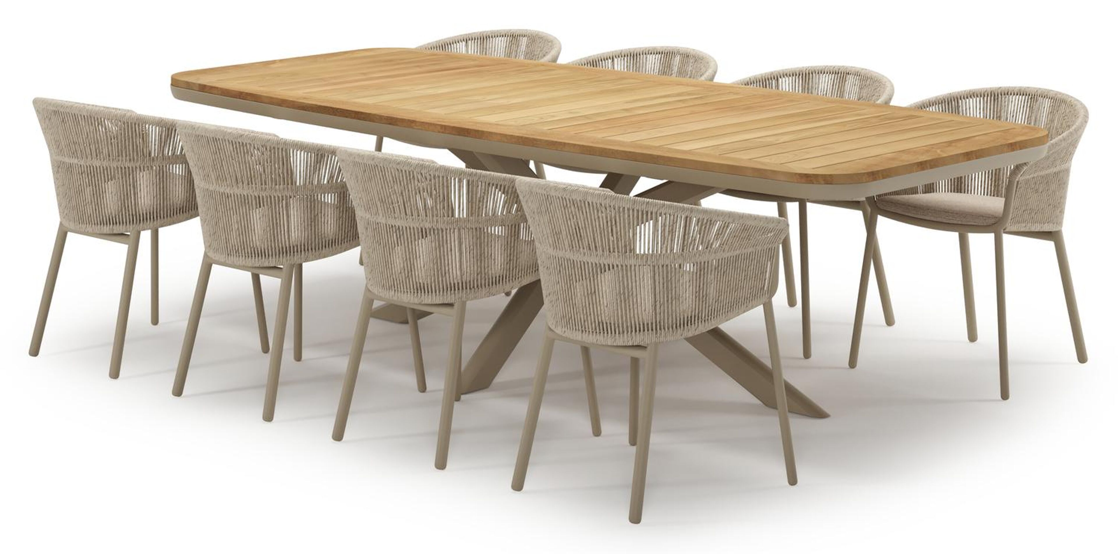 Ensemble de jardin Pamplona en aluminium beige et sintered stone natural finish avec 8 chaises de jardin empilable Matera