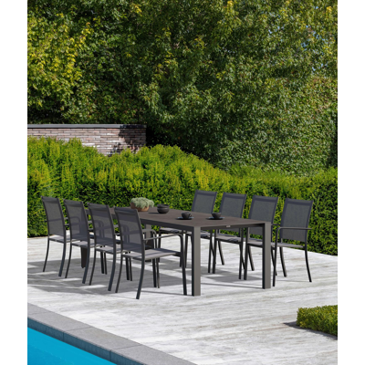Ensemble de jardin Trente en aluminium noir avec plateau de table en céramique pleine noir et 8 chaises de jardin empilables Calobra