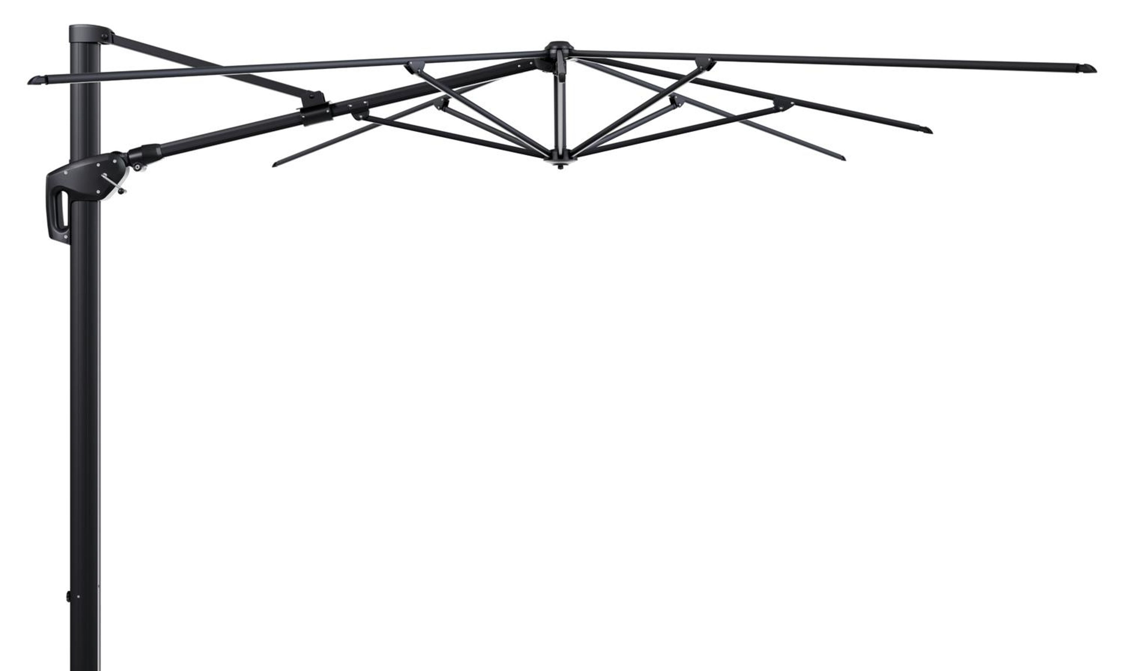 Minore zweefparasol tiltfunctie in zwart aluminium en parasoldoek in All Weather Sunbrella® Luxe Chartres Sooty  - L1 400 x L2 300 cm (zonder voet)