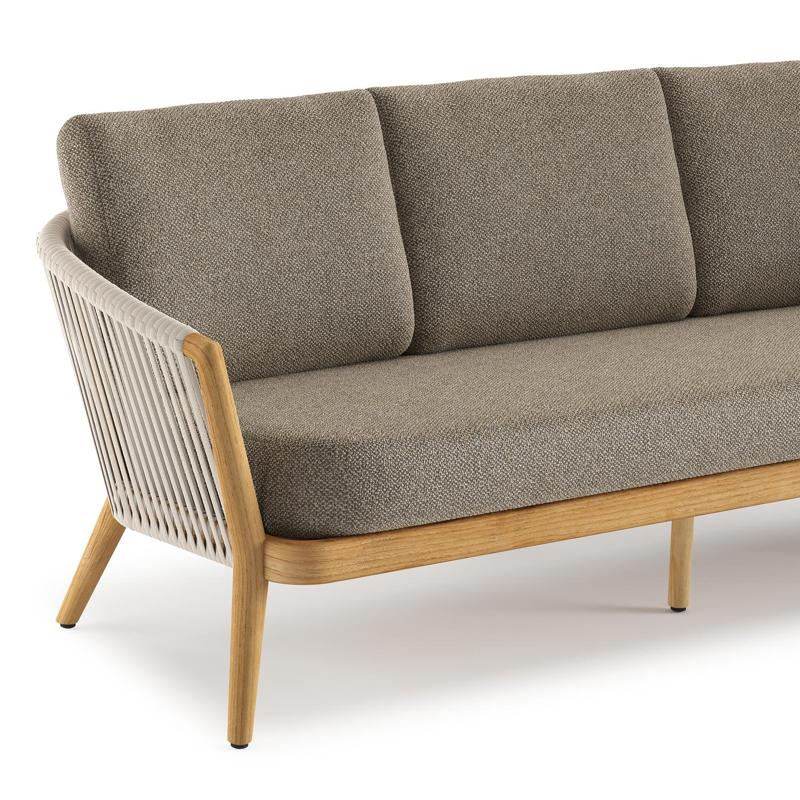 Orso loungebank in teak en beige verticaal geweven luxe vlakke rope met Madagascar Burch all weather cosytica kussen