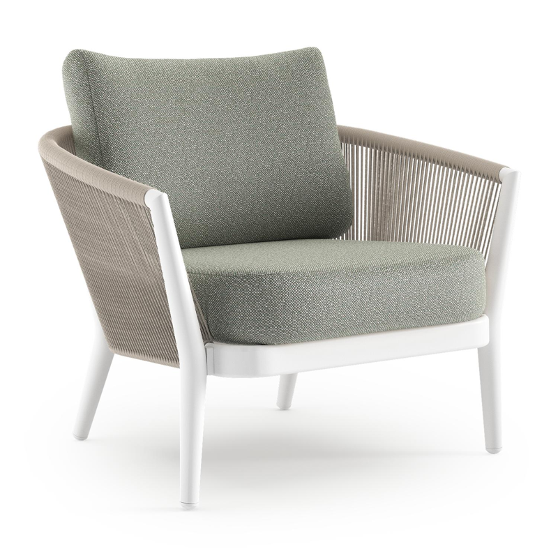 Fauteuil de jardin Orso en aluminium blanc en corde ronde tissée verticalement beige et coussins en all weather sunbrella® luxe Savane Leaf