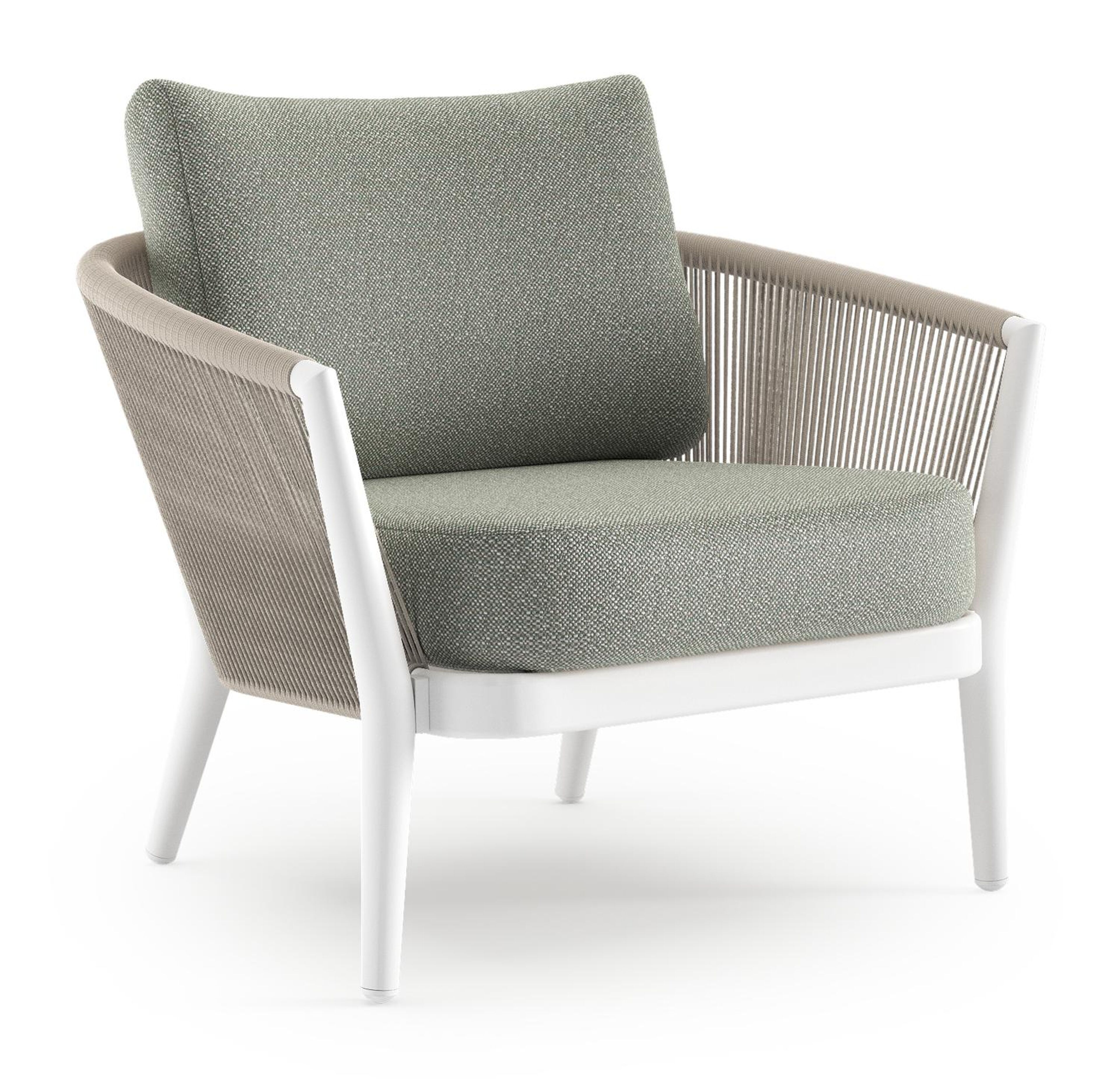 Orso loungestoel in wit aluminium en beige verticaal geweven ronde rope met Savane Leaf all weather sunbrella® luxe kussen