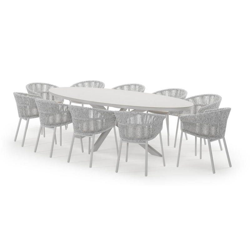 Pamplona ovale tuinset in wit aluminium en sintered stone topo minerale met 10 Matera tuinstoelen