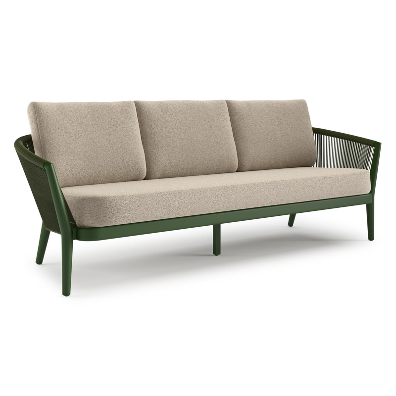 Orso loungebank in groen aluminium en groen verticaal geweven ronde rope met Marbella Beige all weather cosytica kussen