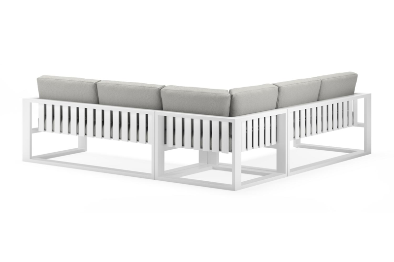 Verato loungehoek in wit aluminium met tweed dune all weather sunbrella® luxe kussens