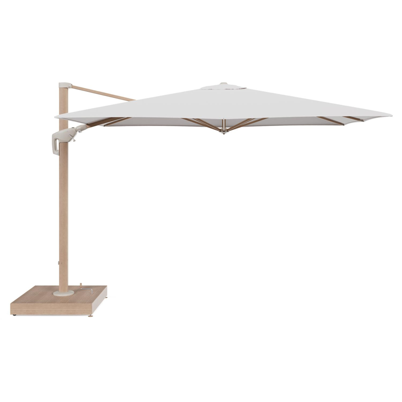 Minore zweefparasol met tiltfunctie in houtlook aluminium en Ego Eggshell All Weather Solica parasoldoek - L1 280 x L2 370 cm met parasolvoet Minore 260 kg met wielen