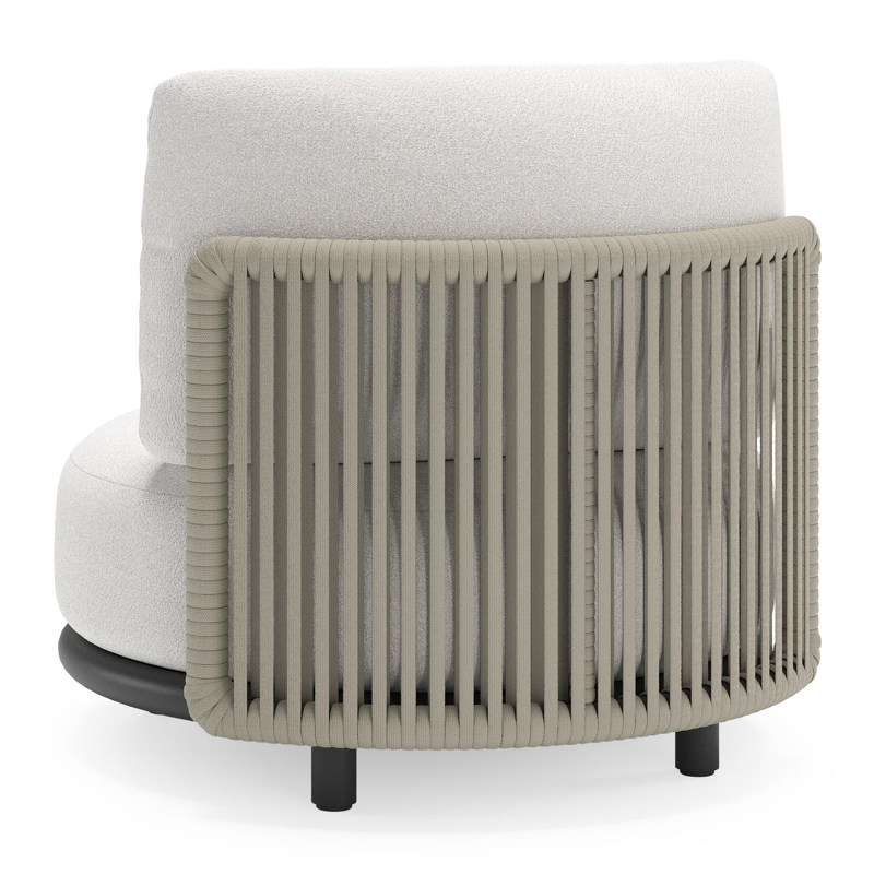 Fauteuil de jardin Lomano en aluminium noir et corde luxe plate tissée verticalement beige et coussins en all weather solica Soul Optik