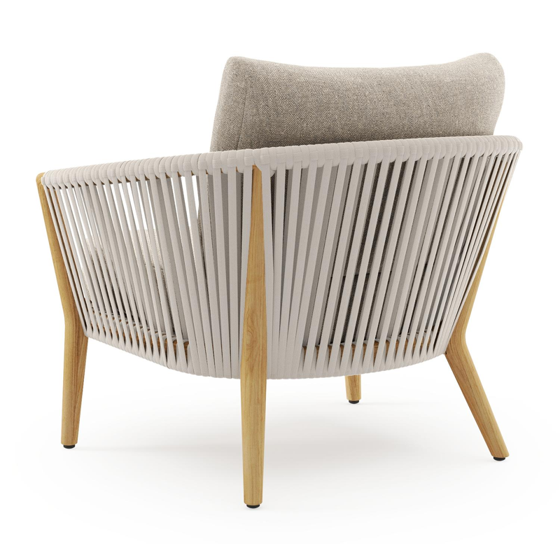 Fauteuil de jardin Orso en tecken corde luxe plate tissée verticalement beige et coussins en all weather sunbrella® luxe Chartres Pewter