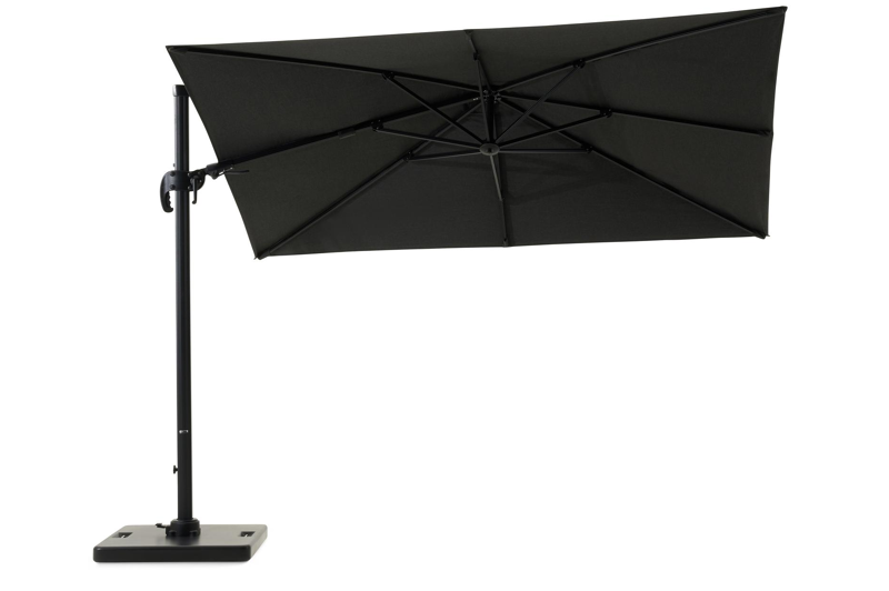 Avola zweefparasol met tiltfunctie in zwart aluminium en Natte Sooty Sunbrella® Premium parasoldoek - L1 200 x L2 300 cm met Pedito parasolvoet 120 kg