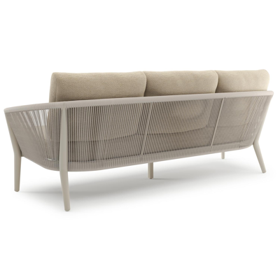 Orso loungebank in beige aluminium en beige verticaal geweven ronde rope met Althea Camel all weather cosytica kussen