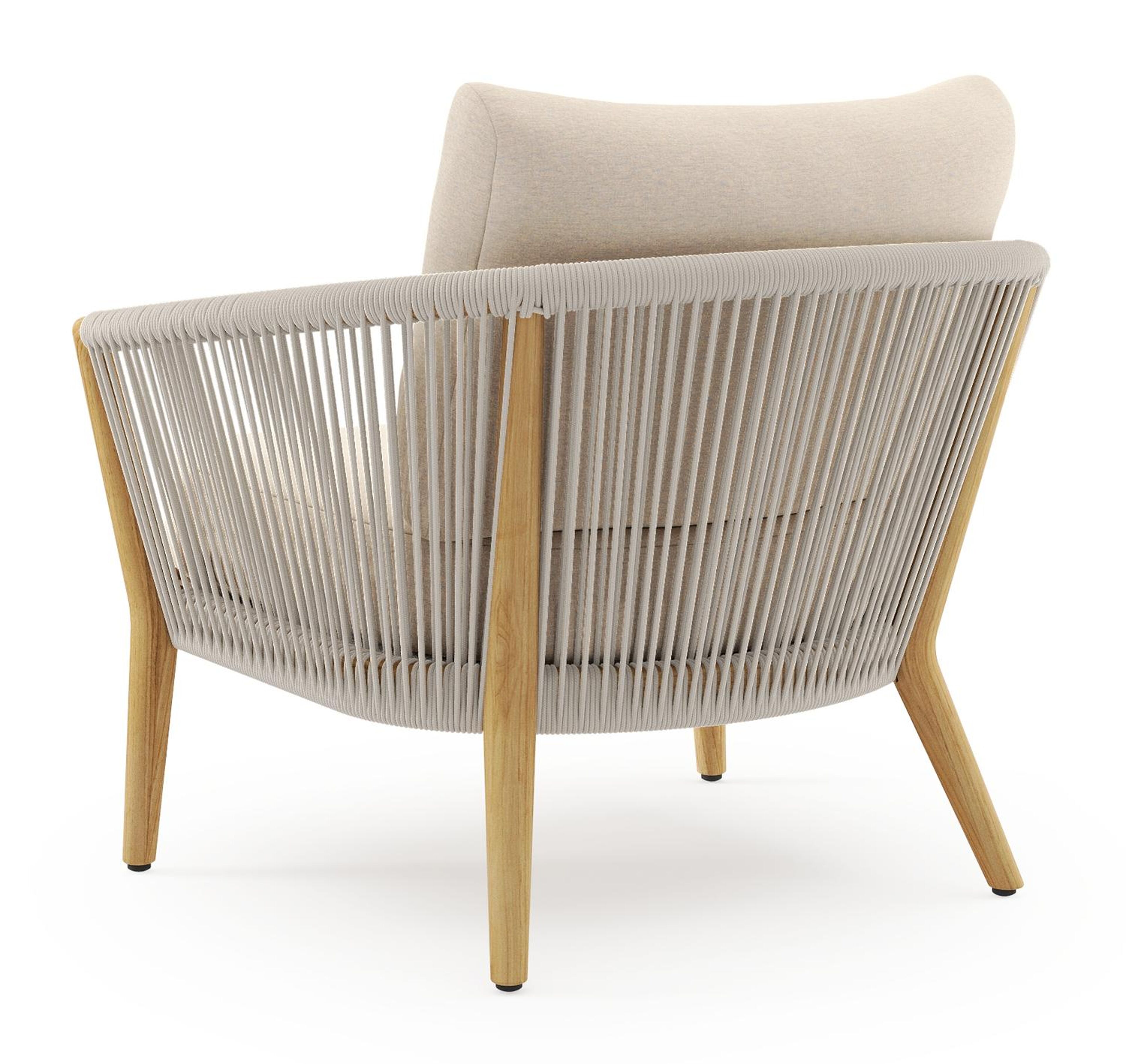 Orso loungestoel in teak en beige verticaal geweven ronde rope met Heritage Papyrus all weather sunbrella® luxe kussen