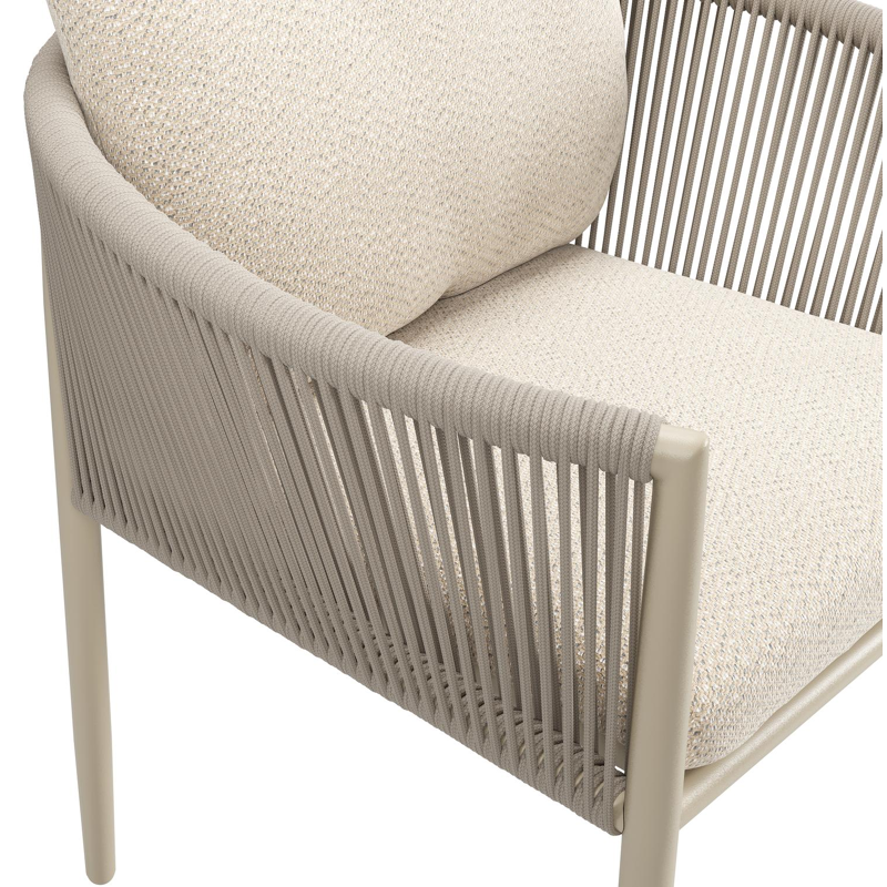 Organo tuinstoel in zwart aluminium en beige verticaal geweven ronde rope met stoelkussen in All Weather Sunbrella® Luxe Lopi Sand
