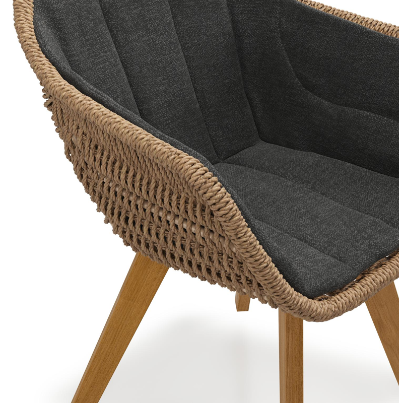 Pagino tuinstoel in teak en bruin ronde wicker met zitkussen in All Weather Sunbrella® Luxe Chartres Sooty