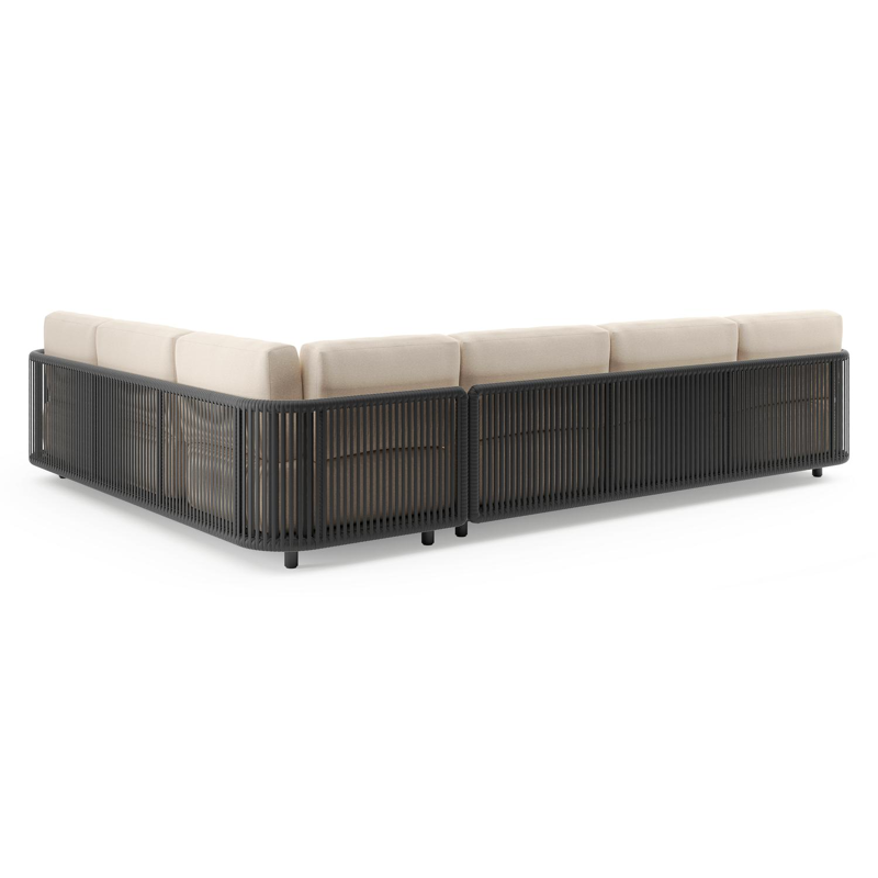 Organo loungehoek in zwart aluminium en zwart verticaal geweven luxe vlakke rope met heritage papyrus all weather Sunbrella® luxe kussen