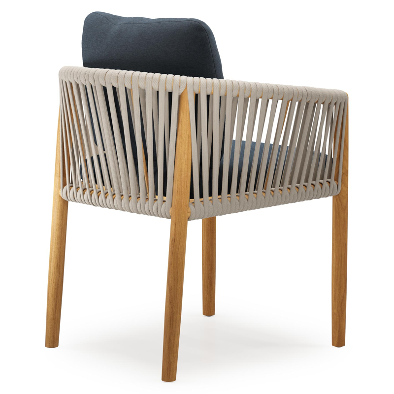 Chaise de jardin Organo en teck naturel et corde luxe plate tissée verticalement beige avec coussin en All Weather Sunbrella® Luxe Heritage Indigo