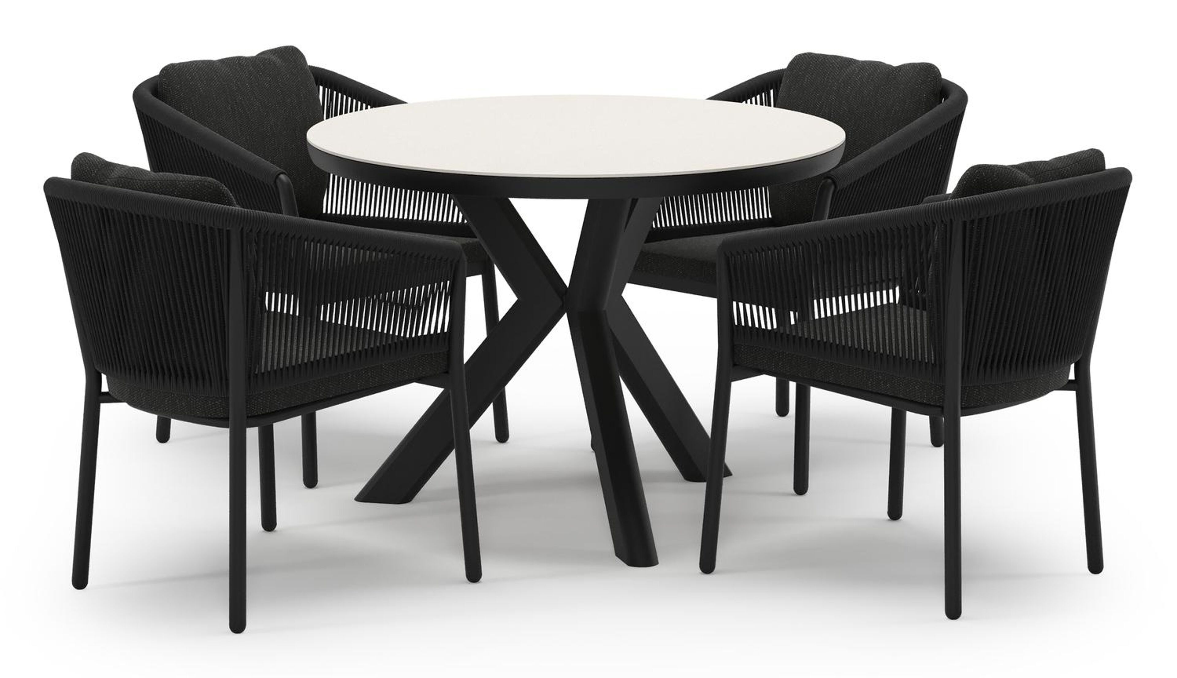 Pamplona tuinset in zwart aluminium en crema minerale sintered stone met 4 Gerona tuinstoelen