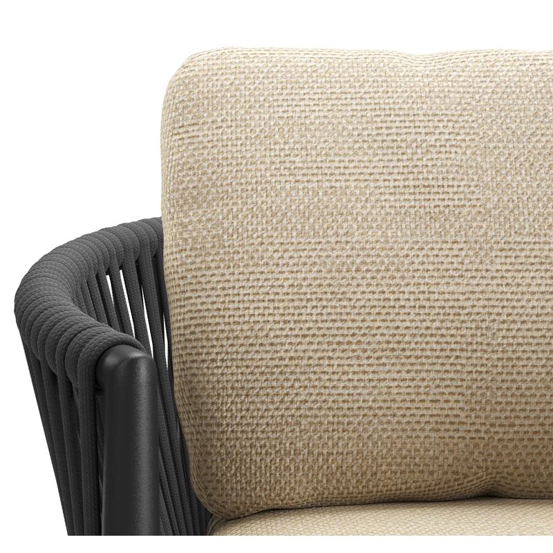 Organo tuinstoel in zwart aluminium en zwart verticaal geweven luxe vlakke rope met zitkussen in All Weather Cosytica Althea Camel