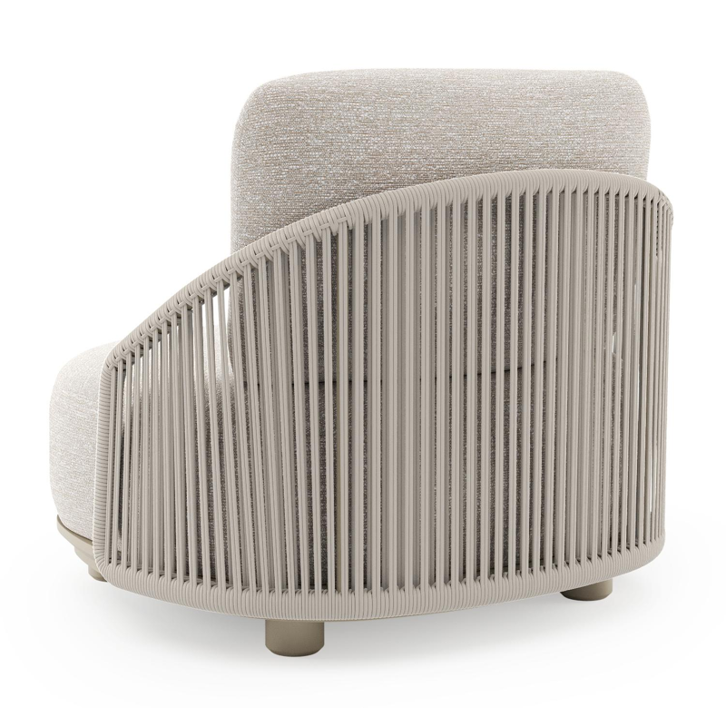 Vadelo loungestoel in beige aluminium en beige verticaal geweven ronde rope met tundra sand all weather sunbrella® luxe kussen