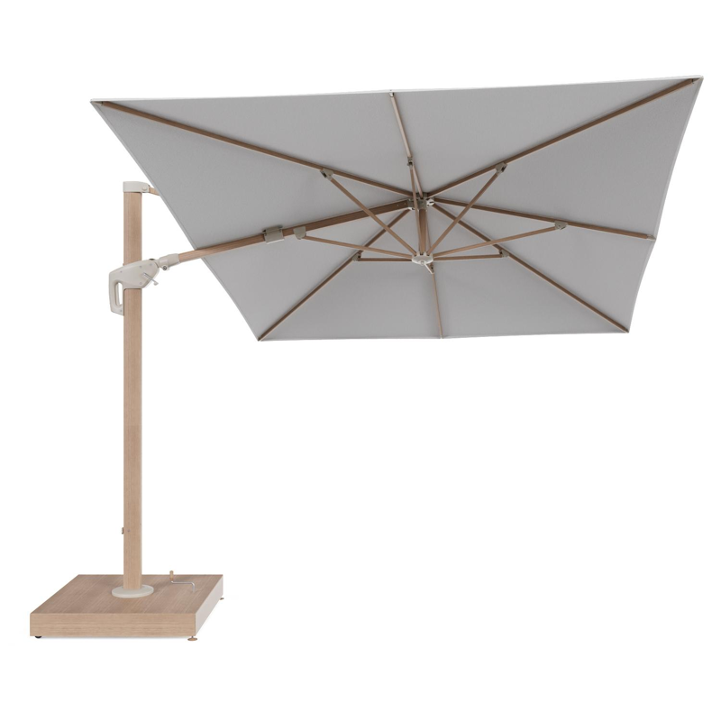 Minore zweefparasol met tiltfunctie in houtlook aluminium en beige All Weather Sunbrella® Premium parasoldoek - L1 400 x L2 300 cm met parasolvoet Minore 260 kg met wielen