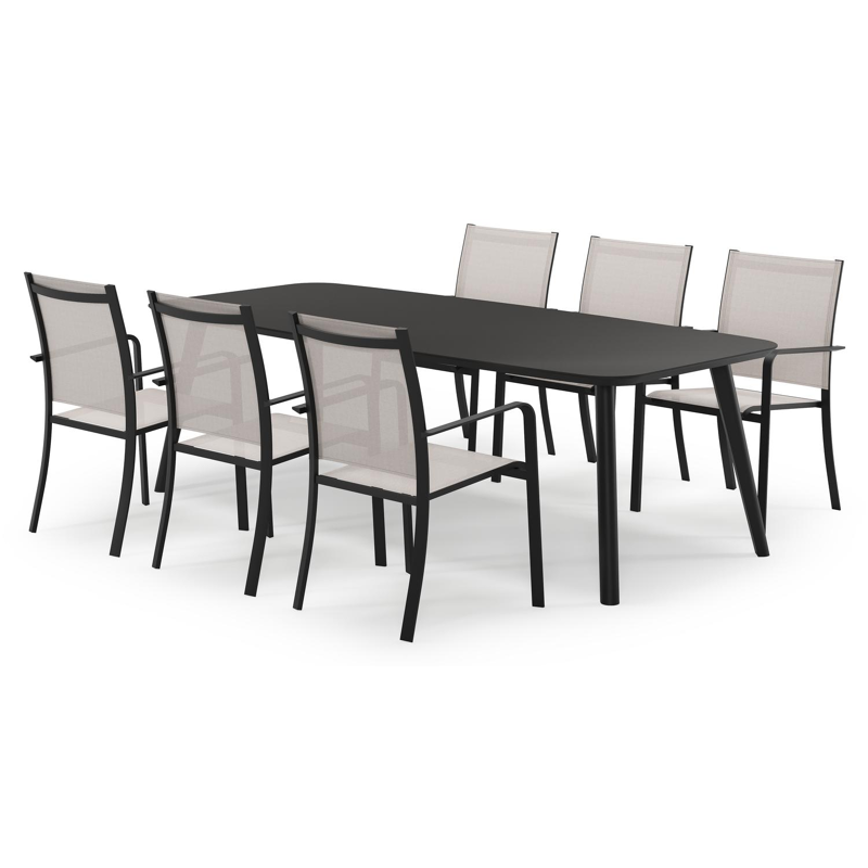 Mosa bootvormige tuinset in zwart aluminium en sintered stone notte minerale met 6 Calobra tuinstoelen