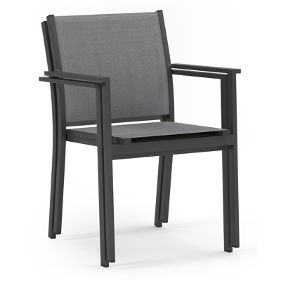 Ensemble de jardin Calobra avec table extensible en aluminium noir avec plateau de table en verre gris et 10 chaises de jardin empilables Bareto