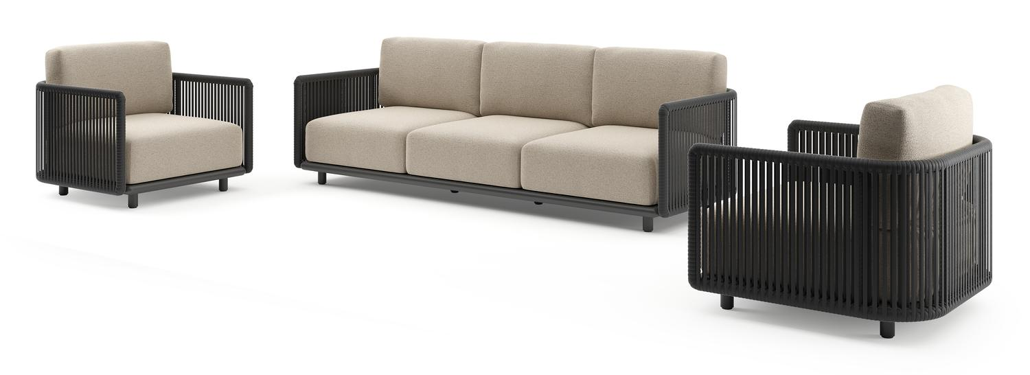 Organo loungeset in zwart aluminium en zwart verticaal geweven luxe vlakke rope met marbella beige All Weather Cosytica kussens