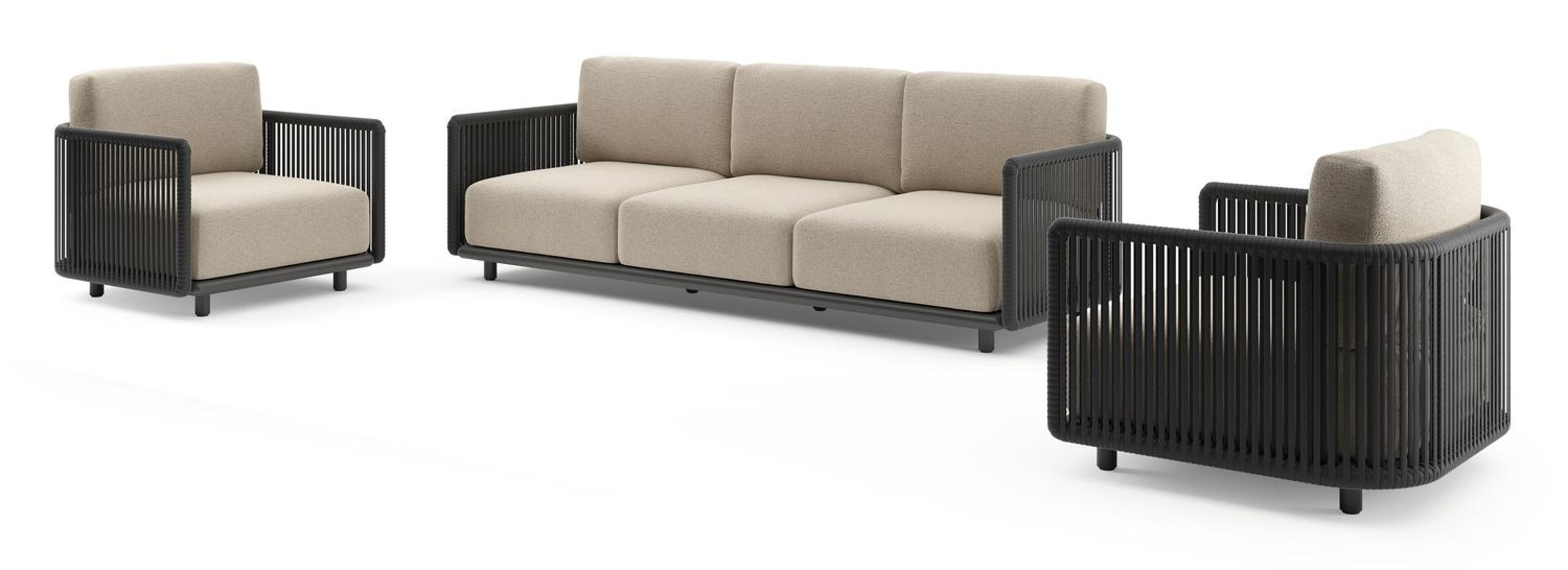 Organo loungeset in zwart aluminium en zwart verticaal geweven luxe vlakke rope met marbella beige All Weather Cosytica kussens