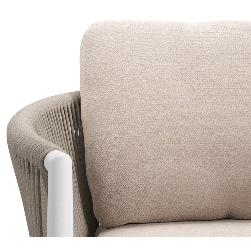 Organo tuinstoel in beige aluminium en beige verticaal geweven ronde rope met stoelkussen in All Weather Sunbrella® Luxe Wander Pilat