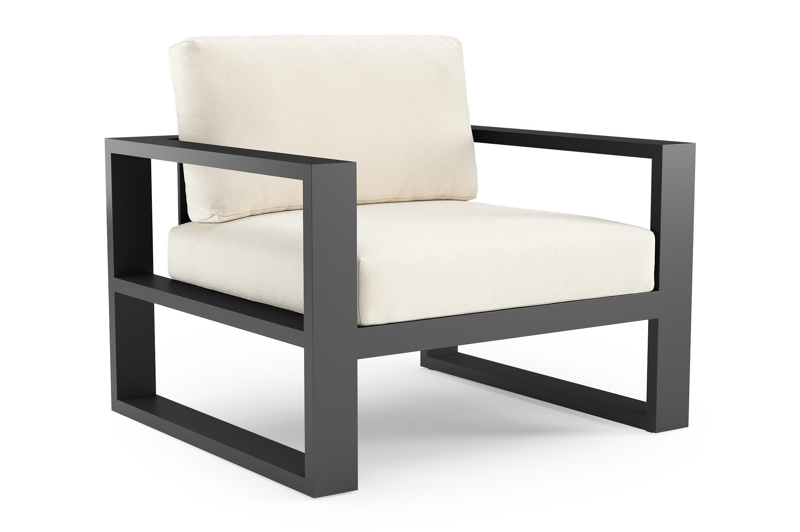 Verato loungestoel in zwart aluminium met natte white all weather sunbrella® luxe kussen