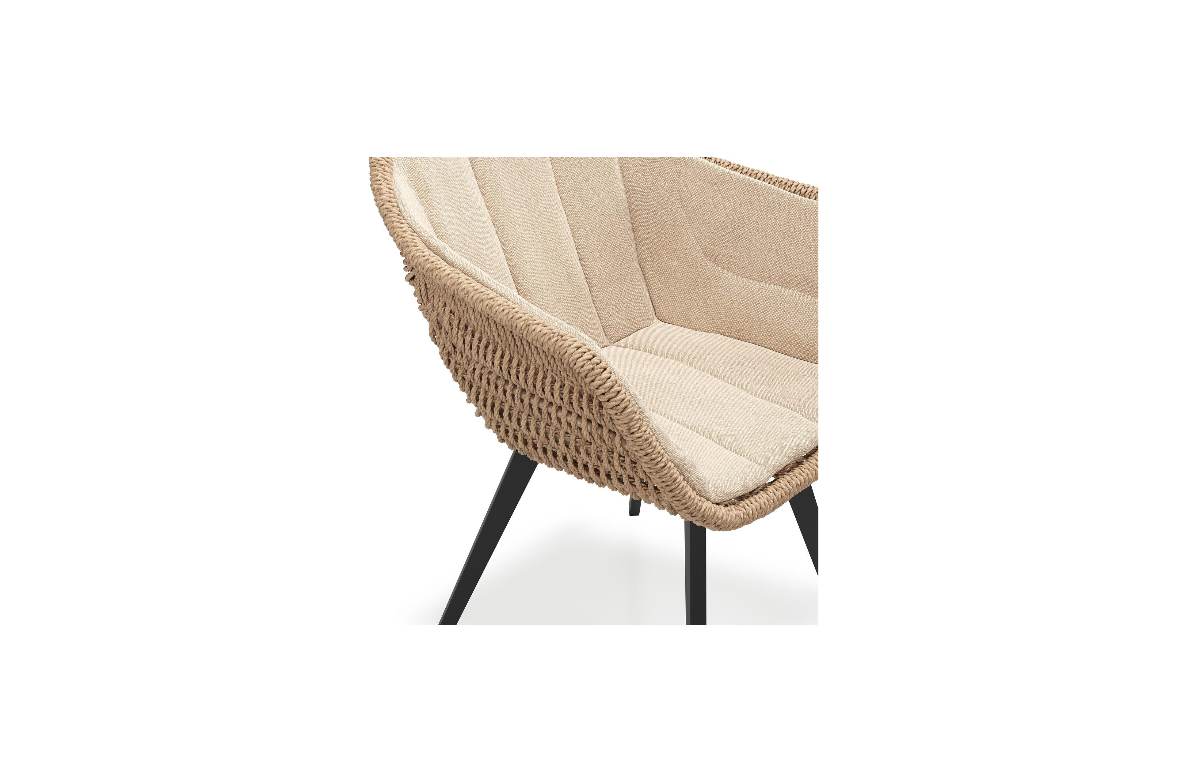 Pagino tuinstoel in zwart aluminium en zwart wicker met kussen in natte heather beige all weather sunbrella® luxe