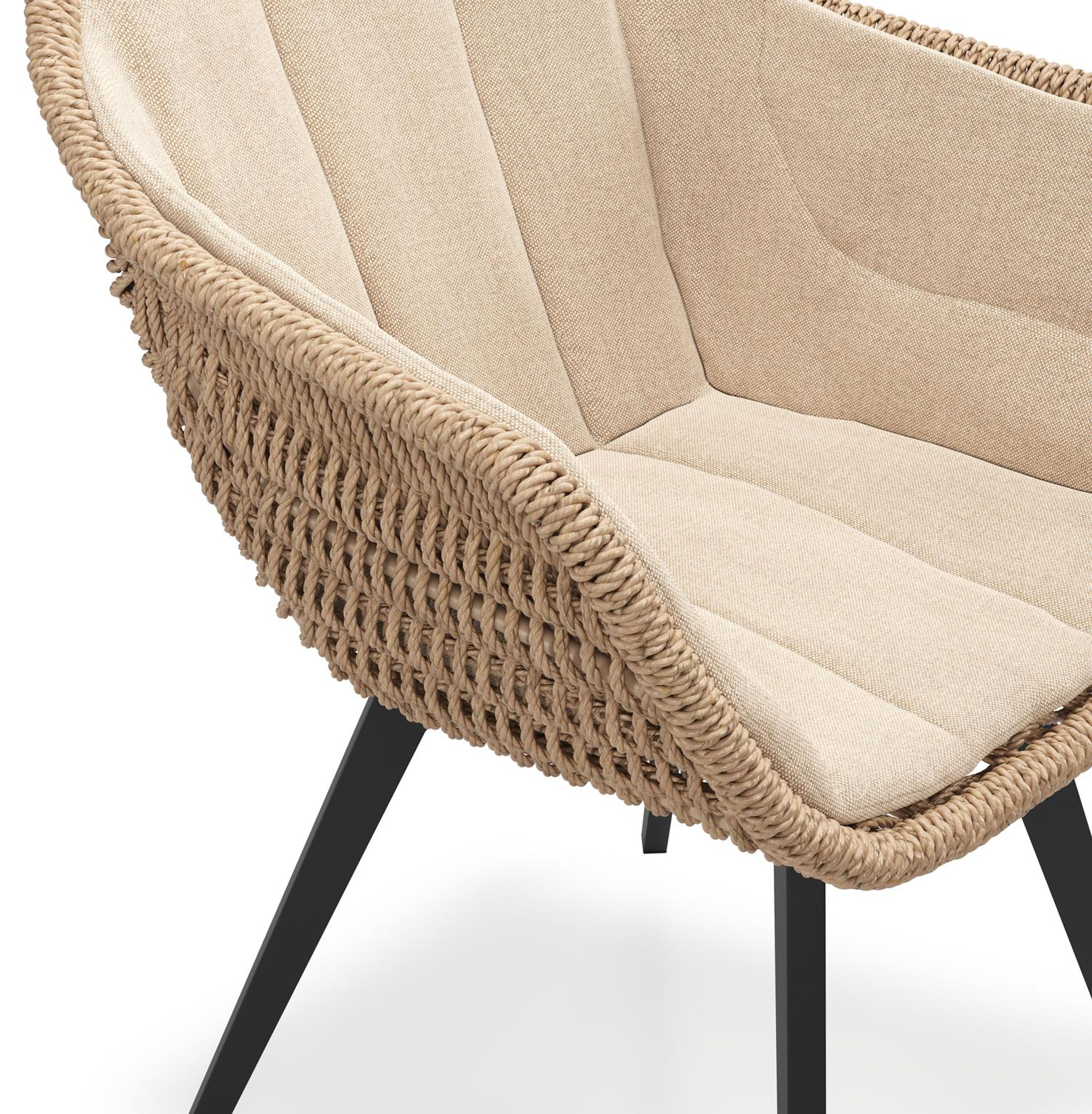 Pagino tuinstoel in zwart aluminium en zwart wicker met kussen in natte heather beige all weather sunbrella® luxe