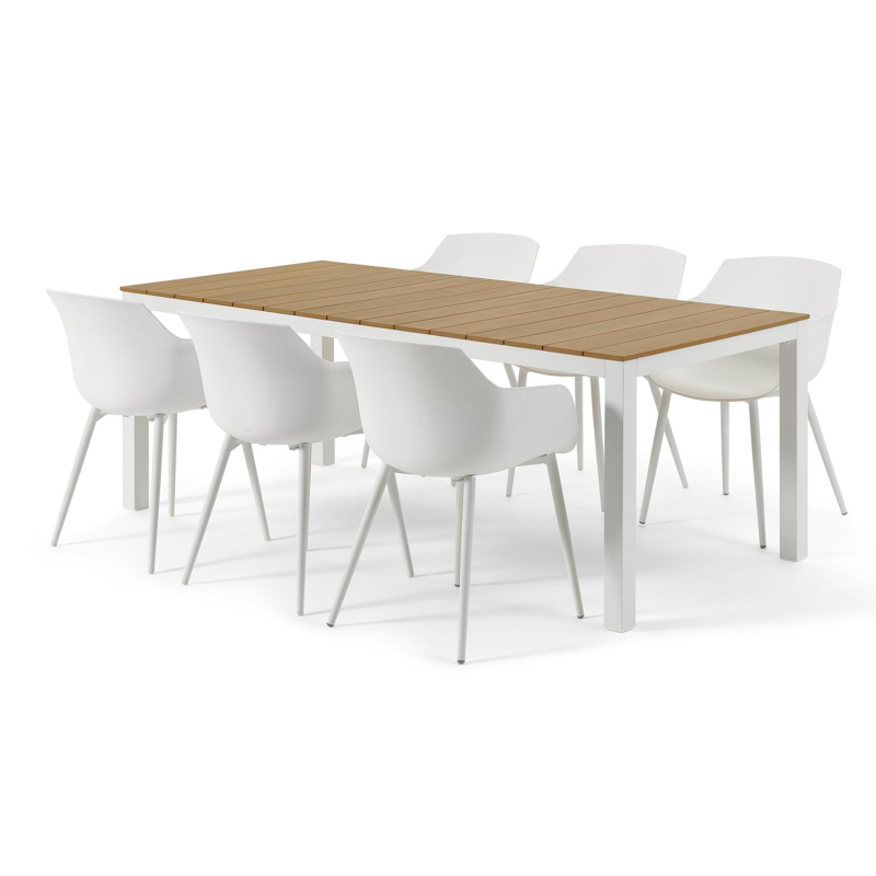 Toma tuinset in wit aluminium en naturel polywood tafelblad met 6 Paco tuinstoelen