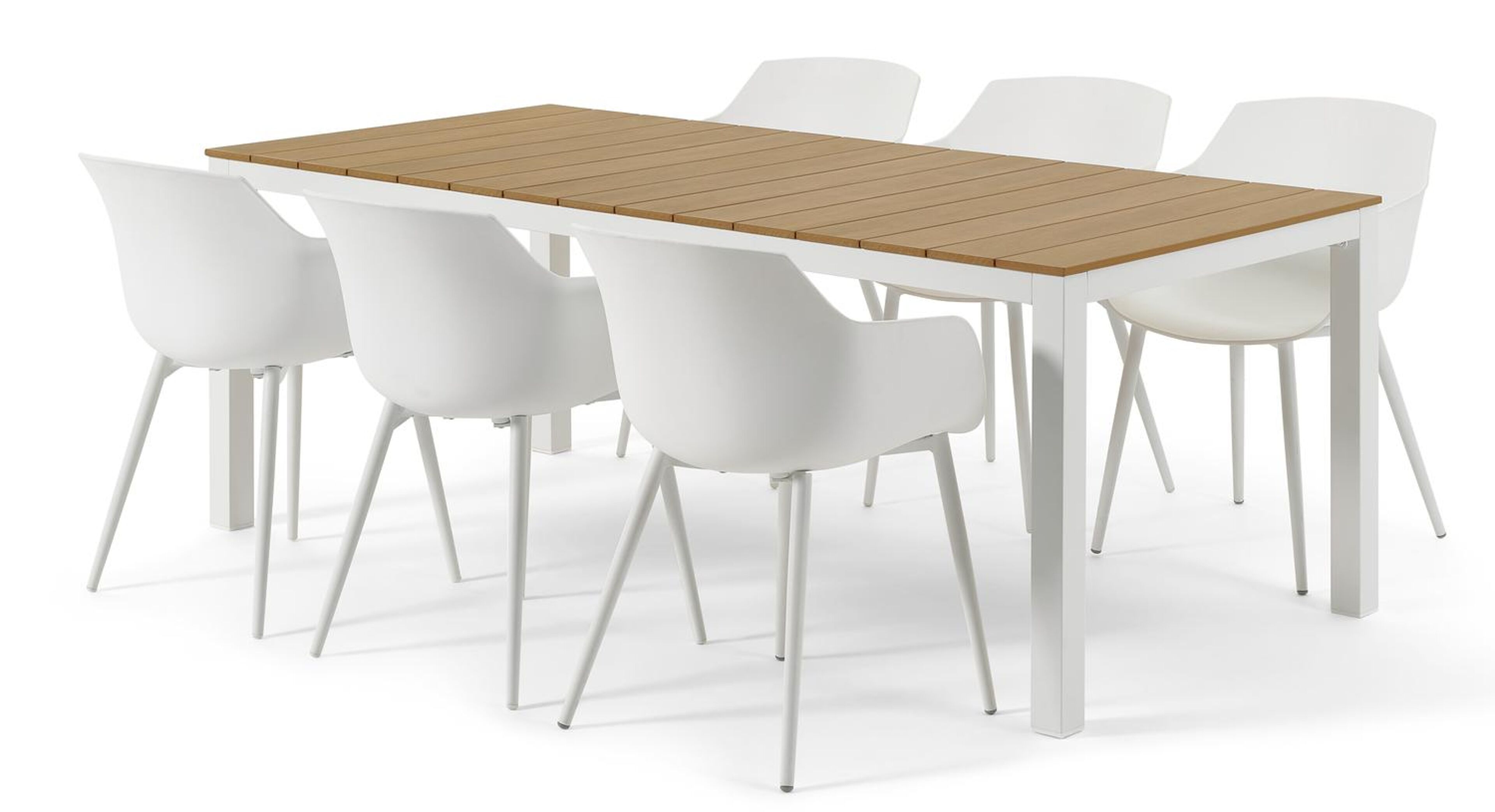 Toma tuinset in wit aluminium en naturel polywood tafelblad met 6 Paco tuinstoelen