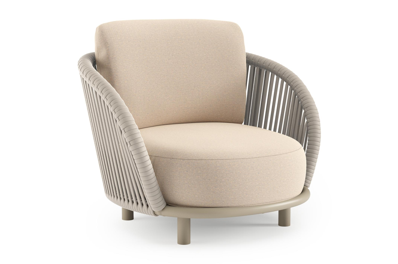 Lupino loungestoel in beige aluminium en beige verticaal geweven luxe vlakke brede rope met heritage papyrus all weather sunbrella® luxe kussen