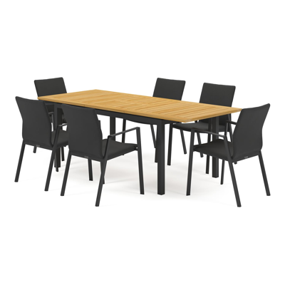Amalfi tuinset met verlengbare tafel in zwart aluminium en teak tafelblad met 6 stapelbare Madura tuinstoelen