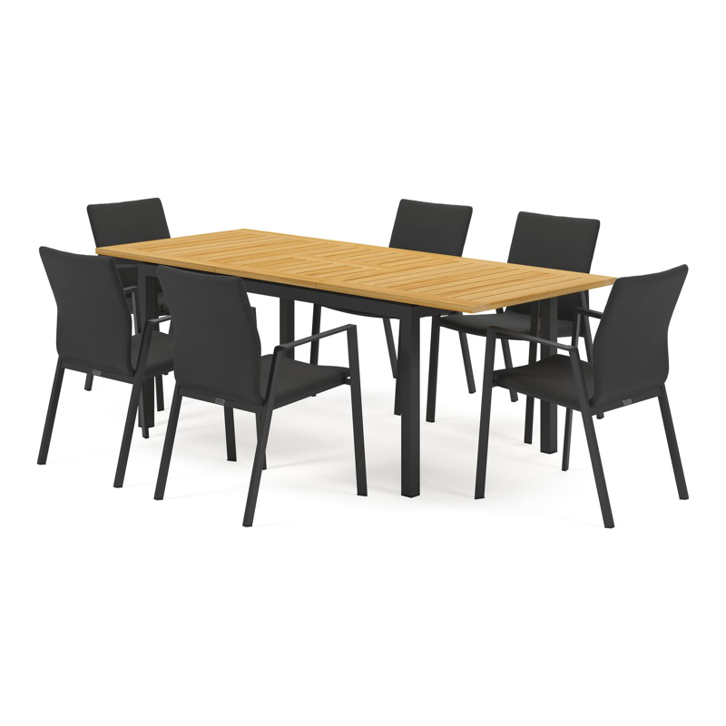 Amalfi tuinset met verlengbare tafel in zwart aluminium en teak tafelblad met 6 stapelbare Madura tuinstoelen