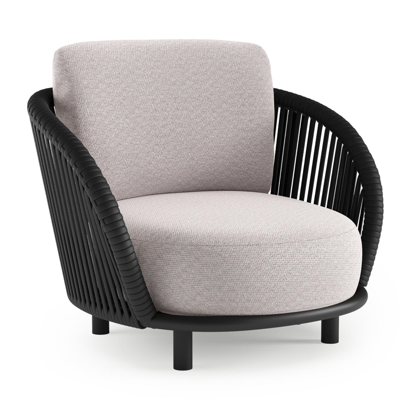 Lupino loungestoel in zwart aluminium en zwart verticaal geweven luxe vlakke brede rope met wander gobi all weather sunbrella® luxe kussen