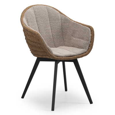 Chaise de jardin Pagino en aluminium noir et résine tressée ronde brun avec coussin en All Weather Sunbrella® Luxe Wander Manioc