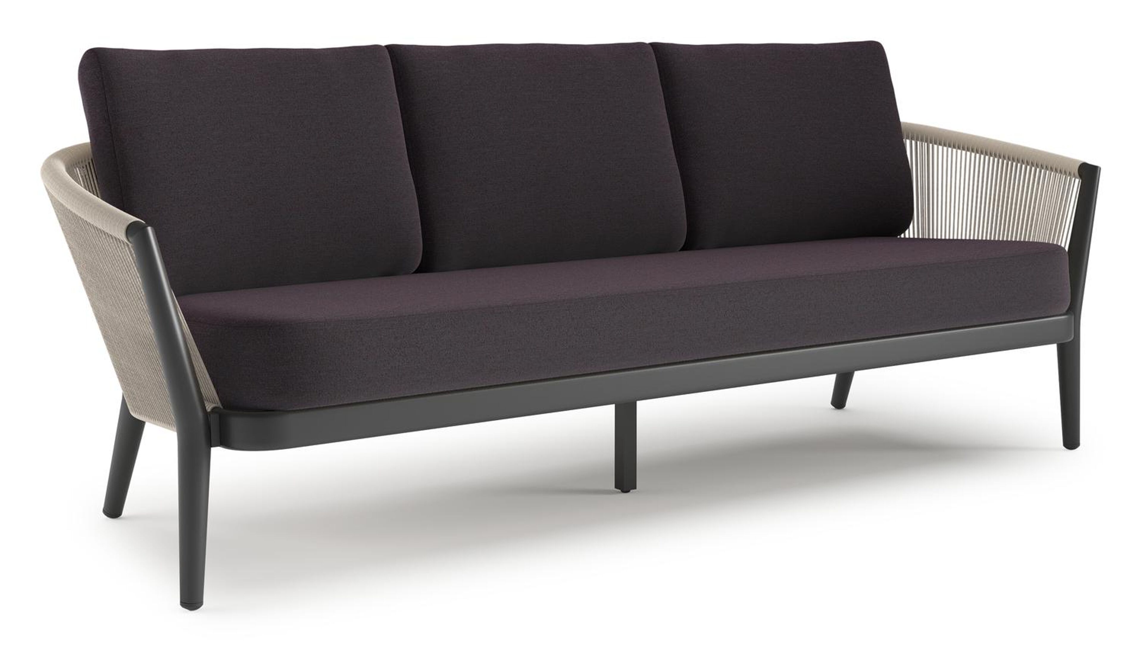 Orso loungebank in zwart aluminium en beige verticaal geweven ronde rope met Tundra Red all weather sunbrella® luxe kussen