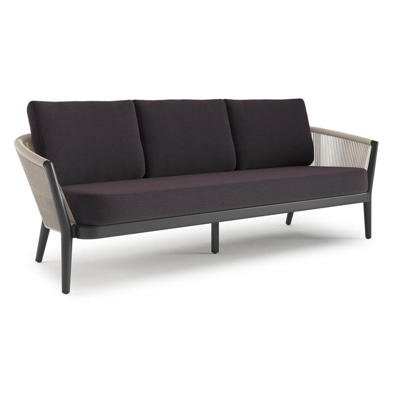 Orso loungebank in zwart aluminium en beige verticaal geweven ronde rope met Tundra Red all weather sunbrella® luxe kussen