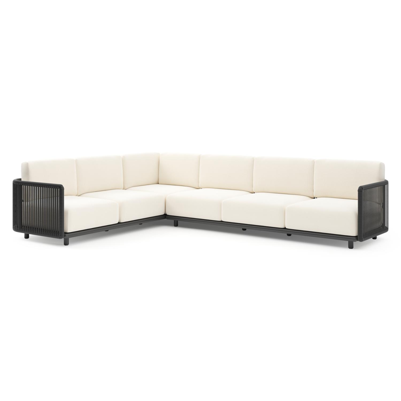 Organo loungehoek in zwart aluminium en zwart verticaal geweven luxe vlakke rope met natte white all weather Sunbrella® luxe kussen