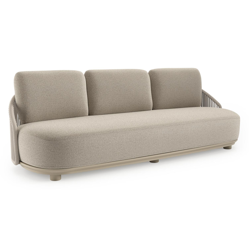 Canapé de jardin Vadelo en aluminium beige et corde ronde tissée verticalement beige et coussins en all weather cosytica catania sand