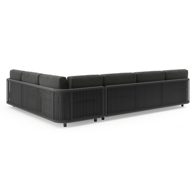 Organo loungehoek in zwart aluminium en zwart verticaal geweven luxe vlakke rope met chartres sooty all weather sunbrella® luxe kussens